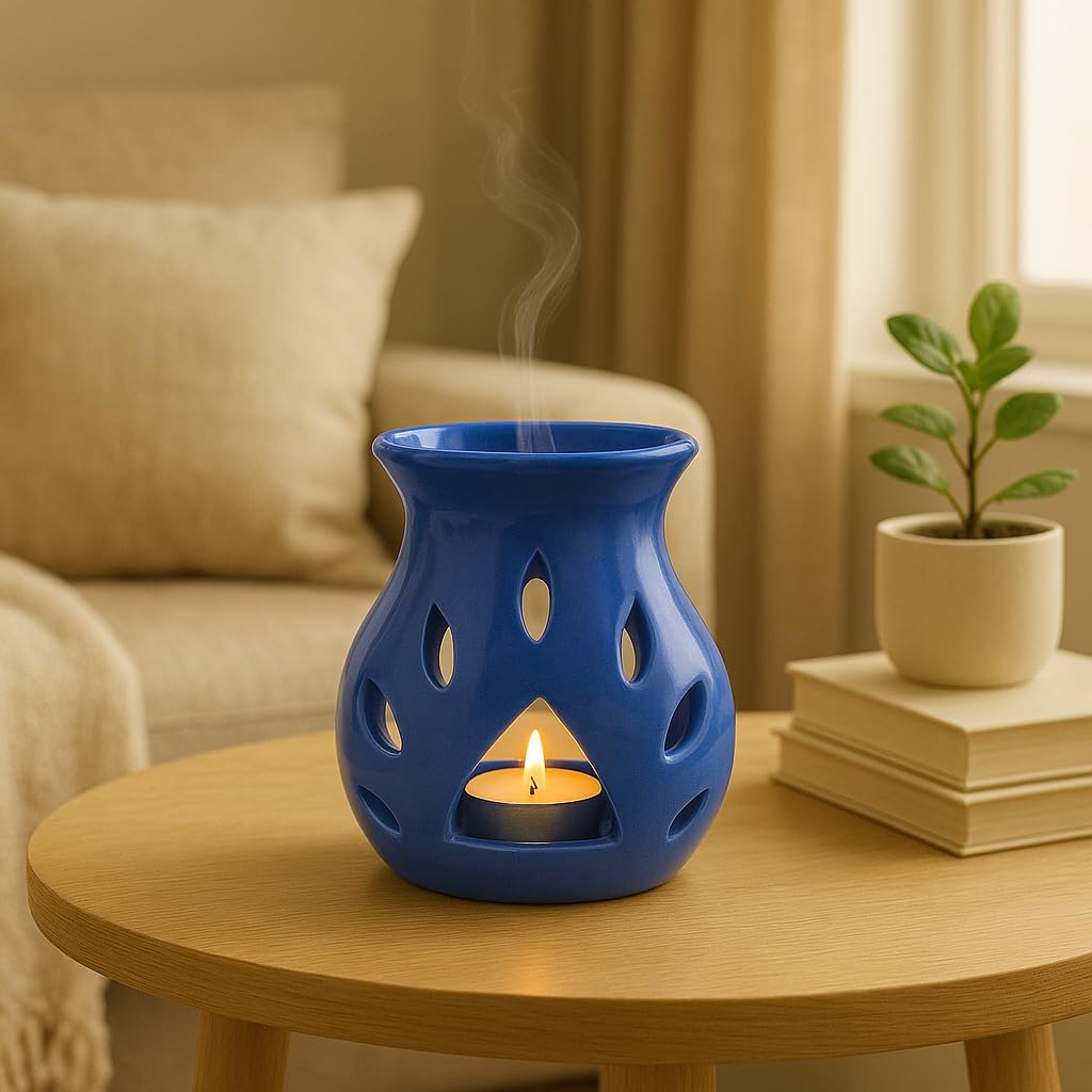 candle operated ceramic aroma diffuser set – blue oil burner with lavender fragrance