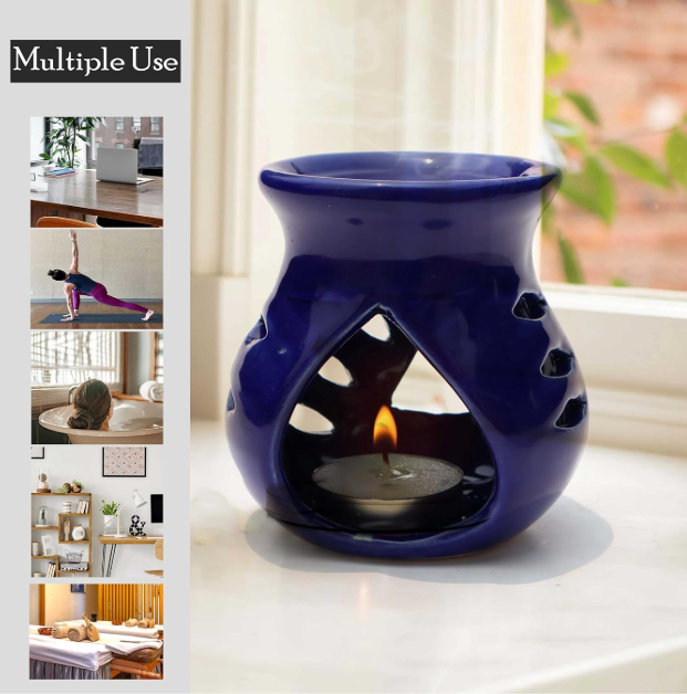 candle operated ceramic aroma diffuser set – blue oil burner with lavender fragrance