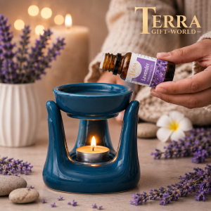 terra gift world ceramic aroma diffuser set with lavender fragrance oil – handcrafted tealight oil burner for home, spa & meditation